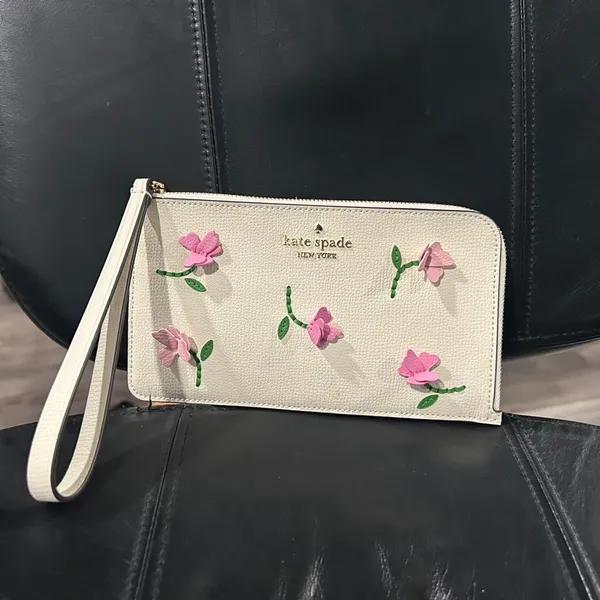 kate spade Cream Wristlet with Pink Floral Appliqués and Green Accents - Image 9