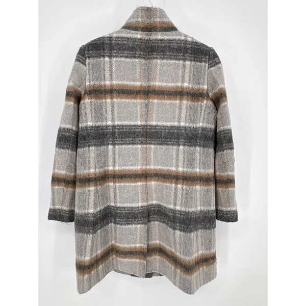 LOFT Womens Large Plaid Wool Blend Coat Stand Collar Full Zip Jacket Gray Brown - Image 4