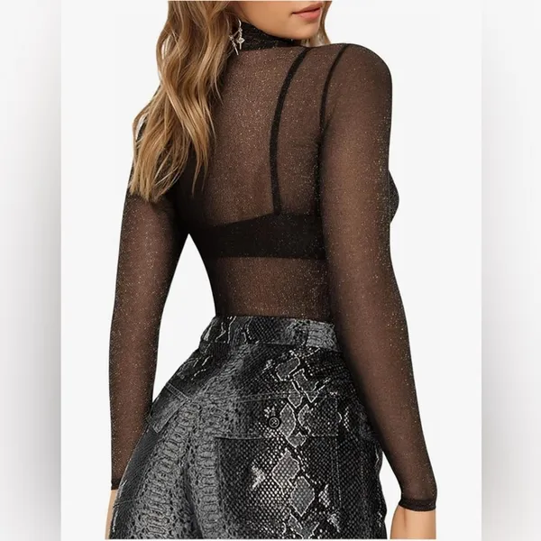 MANGOPOP NEW Mesh Tops Long Sleeve Glitter Sheer Stretchy Sparkly Shirt XS - Image 5