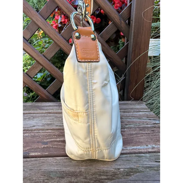 Coach Hampton Hobo Nylon Cream Tan Leather Shoulder Bag F11668 - Image 3