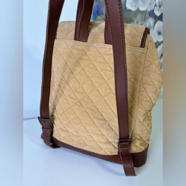 LL Bean Tan Corduroy and Lather Backpack Purse - Image 8