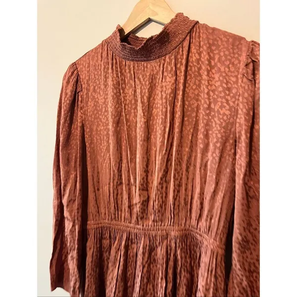 Madewell Mockneck Ruffle Hem Mini Dress Cheetah Jacquard Smocked Brown Copper M - Image 4