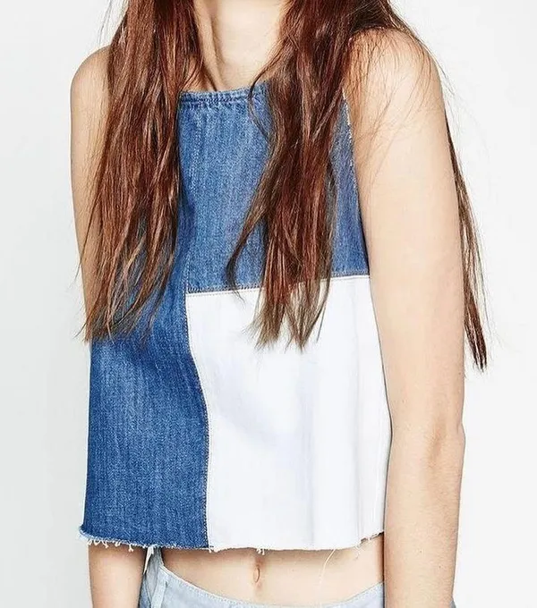 ZARA Patchwork 2-Tone Denim Raw Hem Tank Top Blue White Size Small 5575/012/400 - Image 2