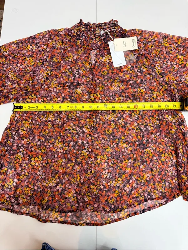 Mango Sheer Floral High-Neck Balloon Sleeve Blouse Size 8 - Image 6