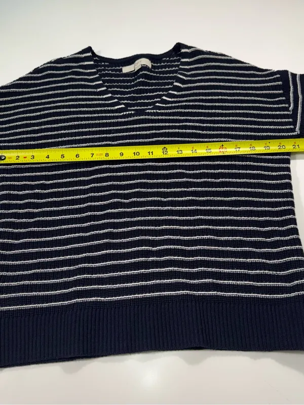 LOFT 100% Cotton Navy and White Striped V-Neck Pullover - Image 4