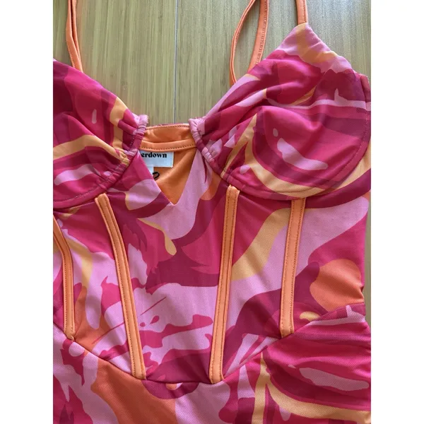 SUPERDOWN NWT‎ Dayana Corset Mini Dress Medium Red Multi Mesh Ruched - Image 4