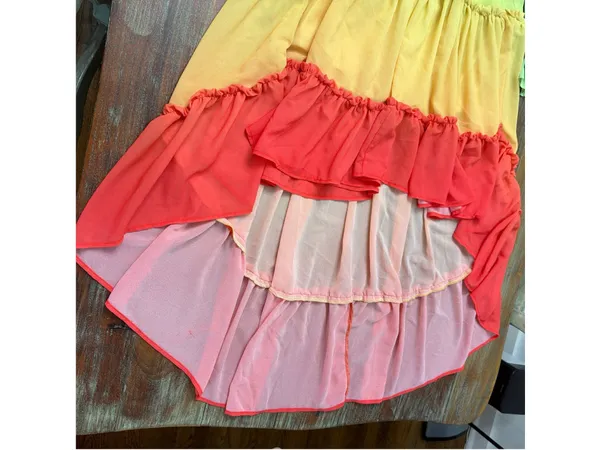 Champagne & Strawberry Rainbow Colorblock Tiered High Low Dress XS Chiffon Ombré - Image 5