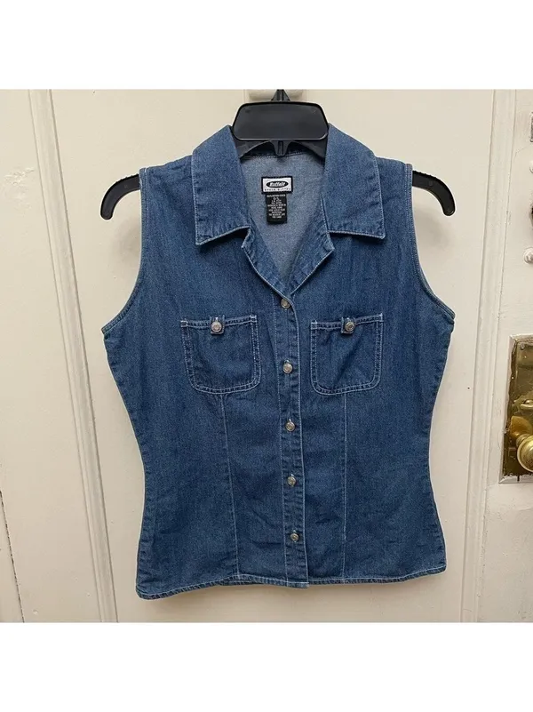 Vintage 1990s David Bitton Blue Denim Sleeveless Button Up Top - Image 11