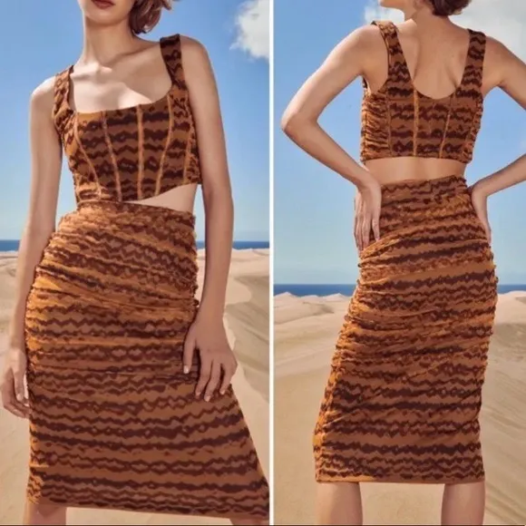 Zara Printed Brown and Orange Tulle Midi Length Fitted Ruche Skirt - Image 2