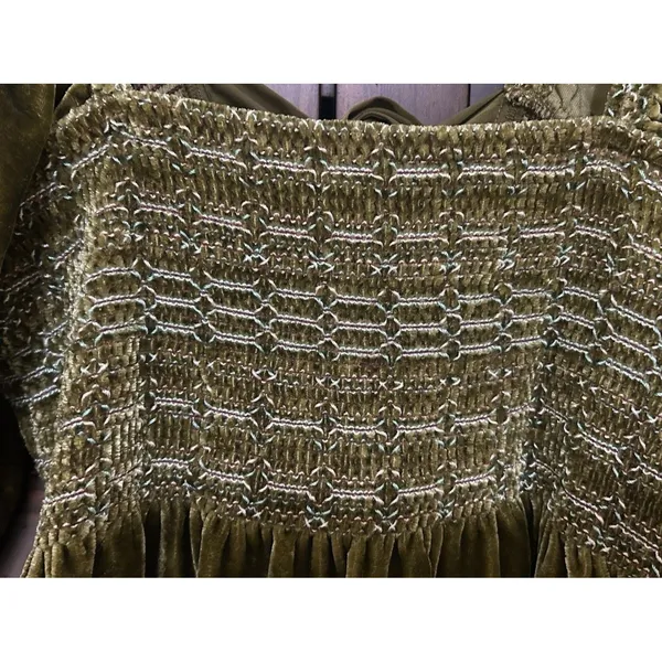 Free People Easy To Love Velvet Smocked Ruffle Mini Dress Size S Olive Green NEW - Image 10
