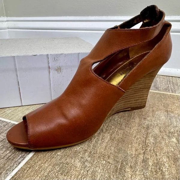 Ralph Lauren Hannie Brown‎ T Strap Peep Toe Wedge Sandals Leather Sz 8.5 - Image 3
