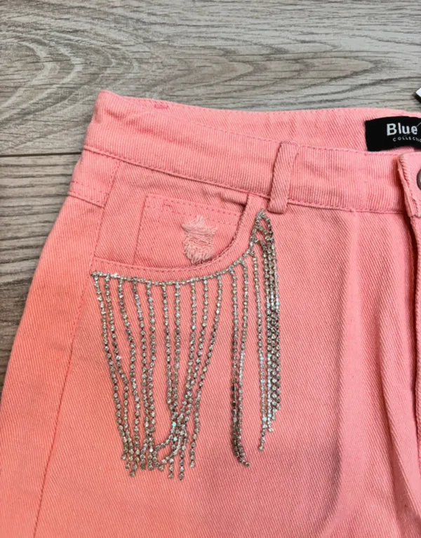 Blue B Pink Rhinestone Fringe Distressed Denim Shorts Size M NWT - Image 3