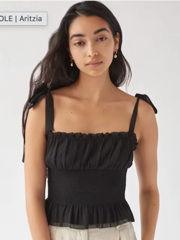 Aritzia Wilfred Black Smocked Tie-Shoulder Ruffle Tank - Image 10