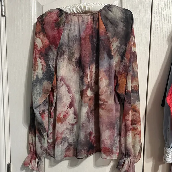 💖 Autres Filles Watercolor Grunge‎ Puff Long Sheer Sleeve Abstract Blouse - Image 3