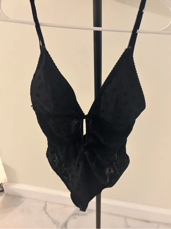 Sheer Black Heart-Accent Satin Chemise with Front Ties - Image 2