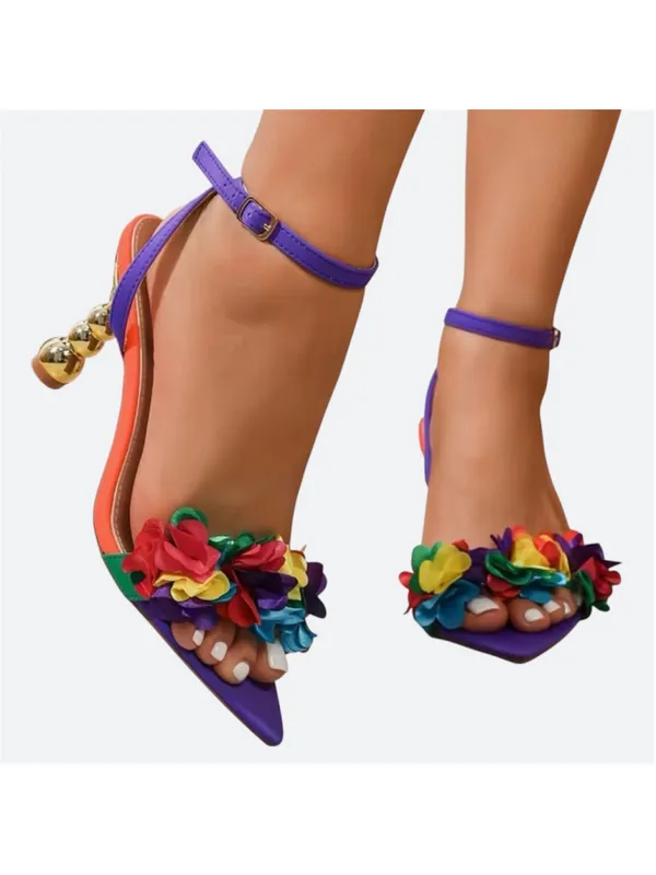 Rainbow 3D Flower Pointed Toe Floral Ankle Strap Heel Sandals Purple Size 39 - Image 4