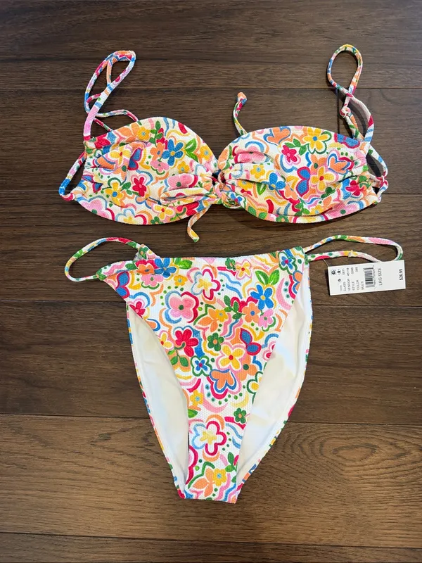 Pacsun Swim Mila Textured Curtain High Cut Bikini Bottom & Top Large - C27-115 - Image 2