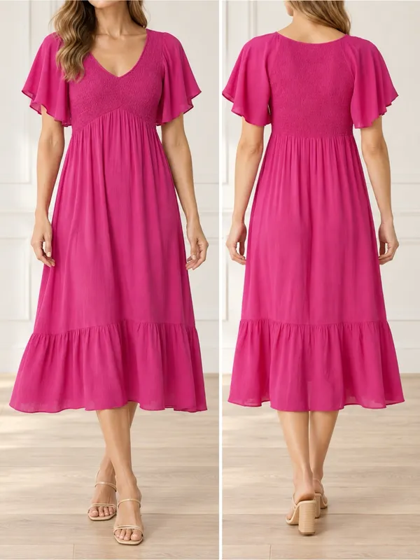 Bohme Saltwater Smocked Midi Dress Large Fuchsia Pink Flutter Sleeve Boho - Image 12