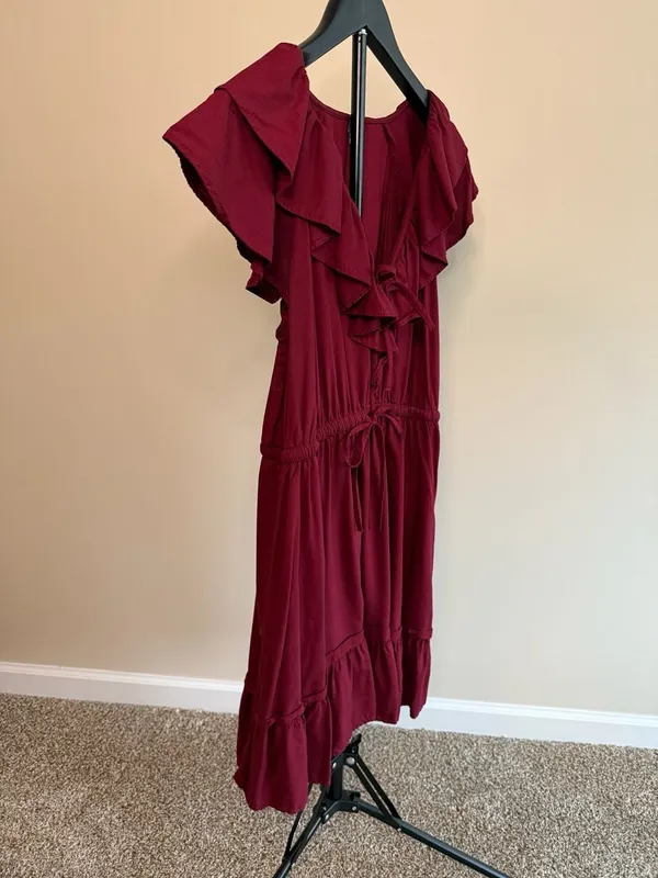 Old Navy Waist-Defined‎ Ruffle-Trim Mini Dress Burgundy Rayon Burgundy - Image 4