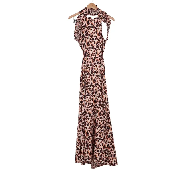 Shein Leopard Print Halter Maxi Dress Brown Tan Open Back Sleeveless Medium - Image 2