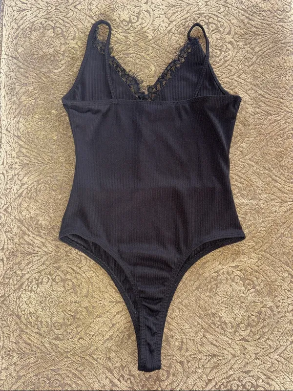 Polly & Esther Black Lace Trim Ribbed Bodysuit - Image 2