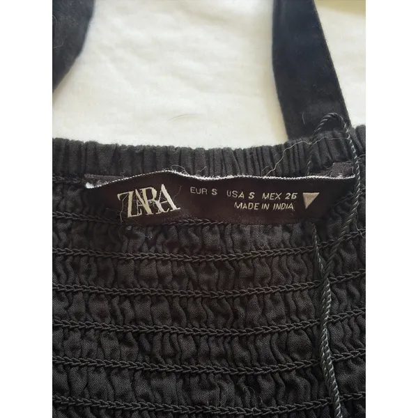 Zara Black Cotton Eyelet Embroidery Tiered Midi Dress Small Smocked Back Strappy - Image 7
