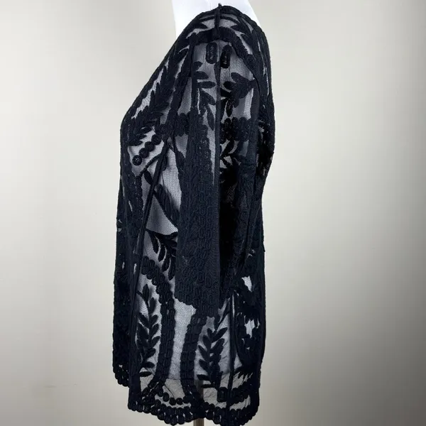 Laundry by Shelli Segal Blouse‎ Large Black Lace Brocade Over Mesh Scalloped Hem - Image 7