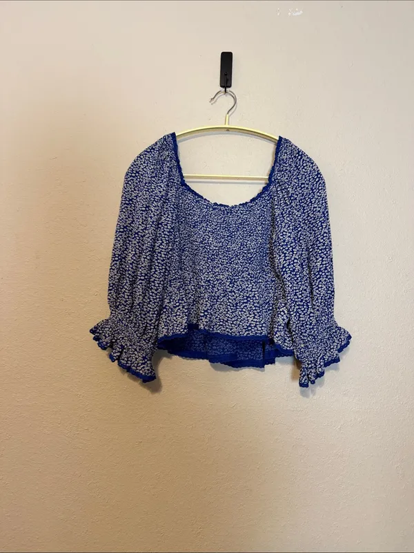 Free People Brittnee Print Smocked‎ Peplum Crop Top Blue Combo Size Small - Image 8