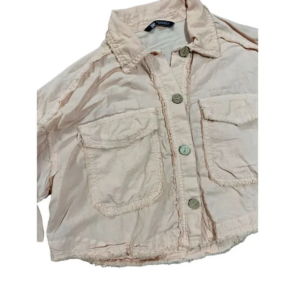 Zara Cropped Linen‎ Blend Jacket Peach Pink Frayed Raw Hem Utility sz M - Image 11