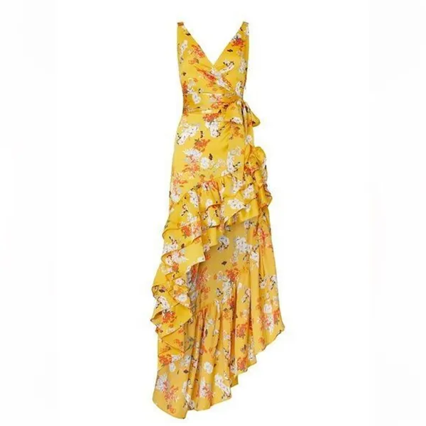 RTR Bronx and BancoNarciss Dress Sz Medium Yellow Floral asymmetrical ruffle - Image 4