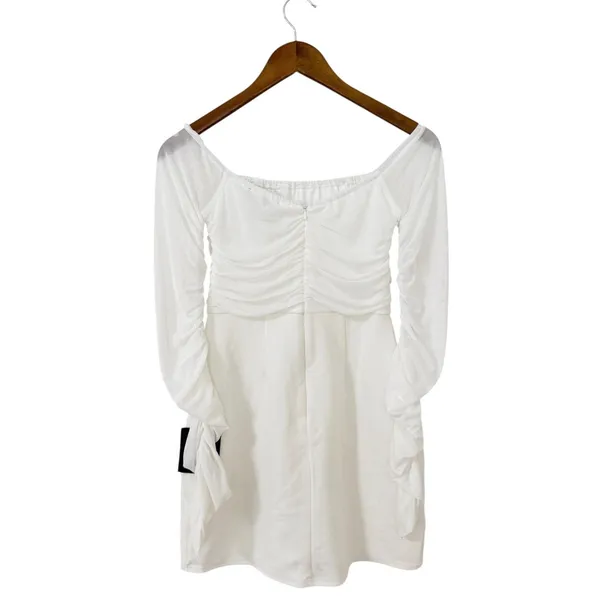Lulus Elegant Eternity White Mesh Ruched Off-the-Shoulder Mini Dress size M NWOT - Image 3