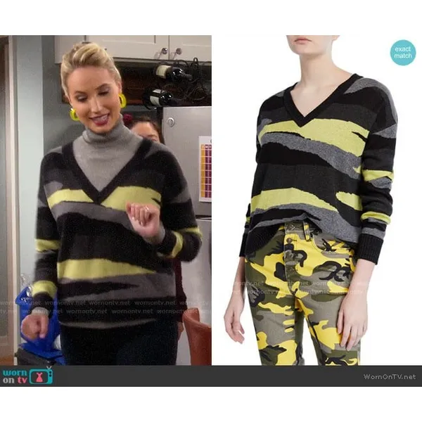 Pam & Gela Sweater Womens V-Neck Abstract Camo Intarsia M Grey Yellow Black‎ - Image 3