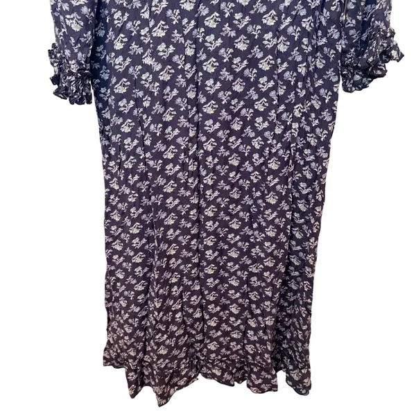 April Cornell Vintage Purple Floral Rayon Midi Dress Ruffle Sleeve V-Neck Large - Image 3
