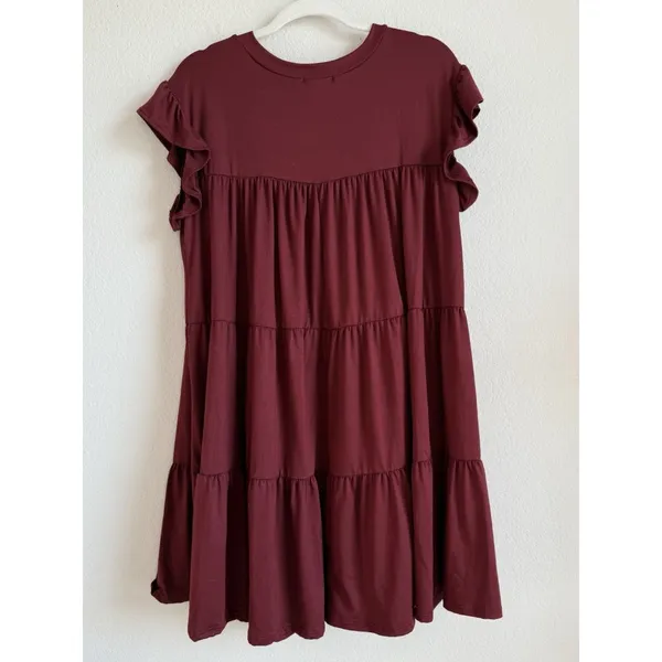 Entro Women’s‎ Tiered Merlot Babydoll Ruffle Short Sleeve Mini Dress Size Small - Image 7