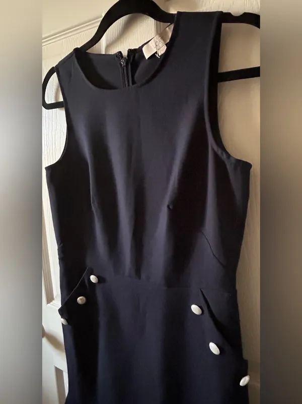 Ann Taylor LOFT Navy Blue Flounce Dress w/Faux Pearl Buttons Sz 0 Balletcore - Image 5