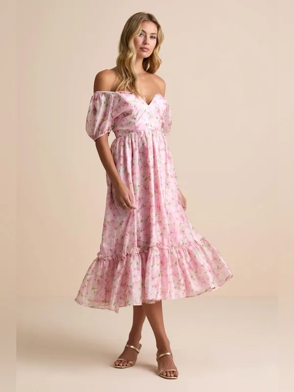Lulus Sincerely Wondrous Pink Floral Puff Sleeve Tiered Midi Dress Size XL NWT - Image 3