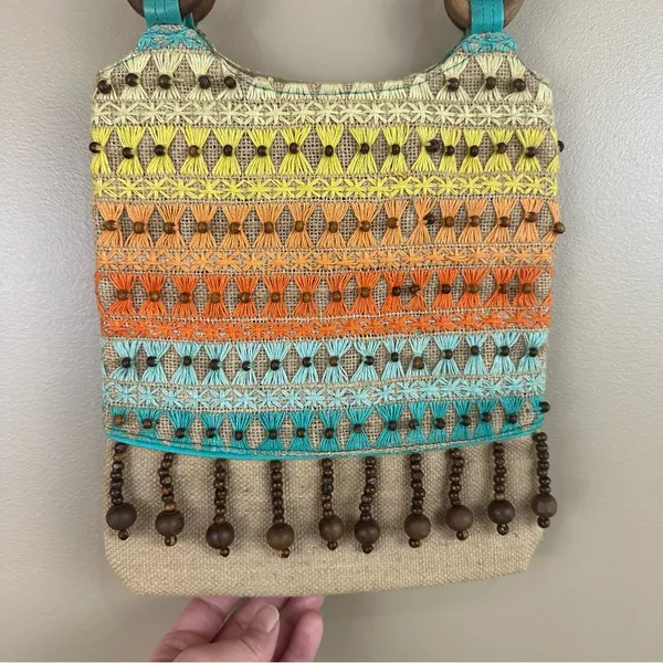 Colorful Embroidered & Beaded Bohemian Festival Jute Shoulder Bag Purse Artsy - Image 3