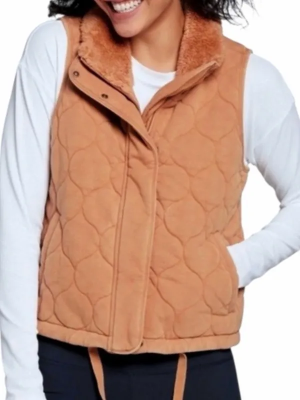 Calia quilted full zip snap front vest camel tan women’s S cozy chic - Image 7
