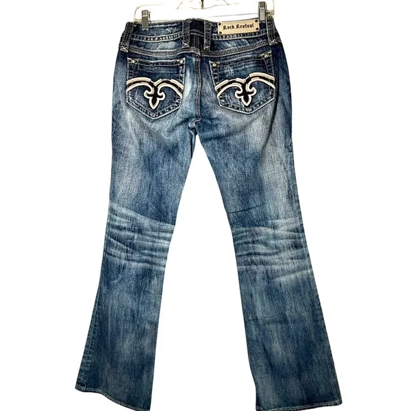 Rock Revival women's 29 bootcut jeans embroidered pockets 31" inseam Denim Low - Image 2