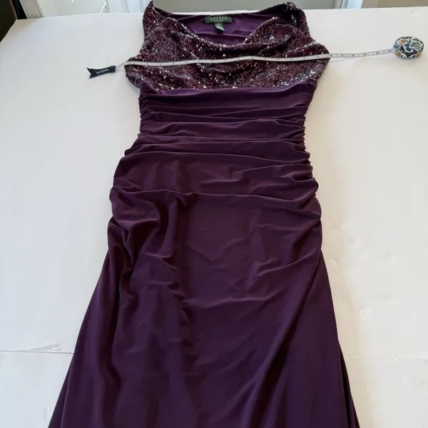 Ralph Lauren Purple Sequin Cowl Ruched Sleeveless Stretch Maxi Gown Dress Size 4 - Image 6