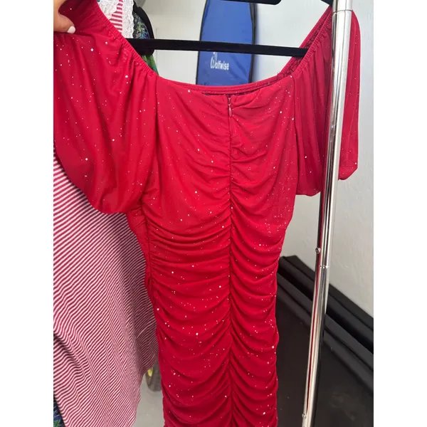 Red Glitter Ruched Mini Dress Puff Sleeve Bodycon Sparkly Cocktail Party Dress - Image 2