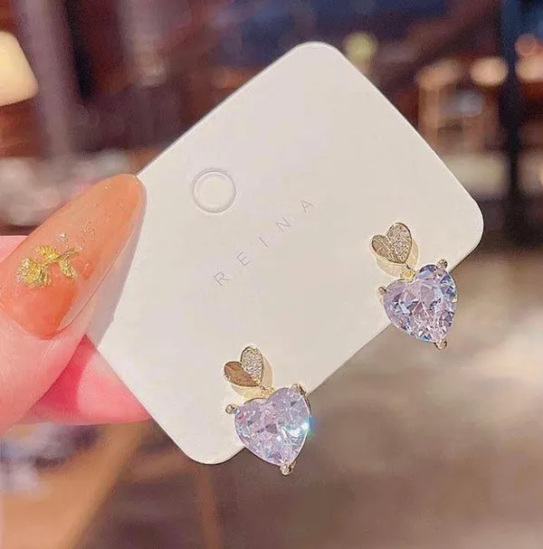 Women's Crystal Love Heart Stud Earrings Gold - Image 2