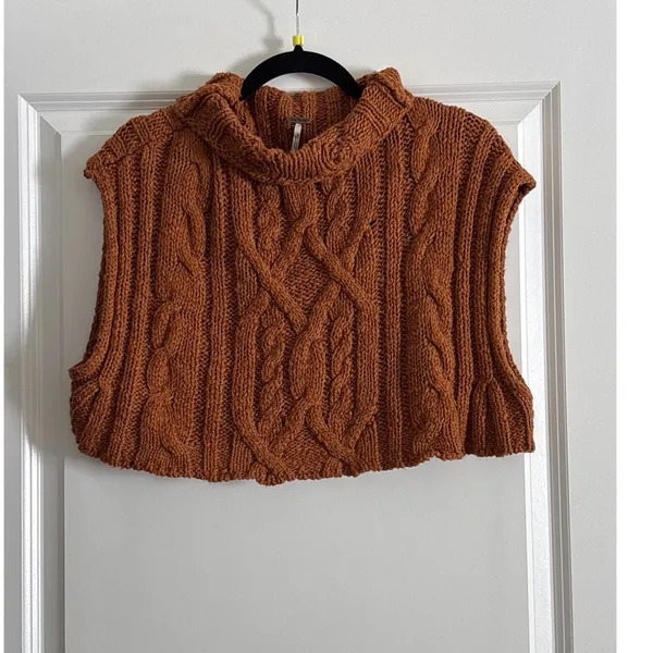 Free People Rust‎ Orange Sweater Vest Cowl Neck Cable Knit Cropped Small - Image 3