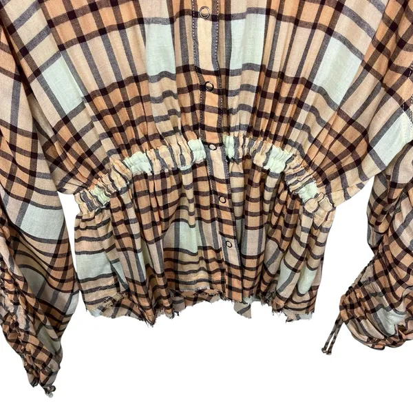Free People‎ Peach Pacific Dawn Plaid Pull String Sleeve Snap Button Shirt M - Image 3