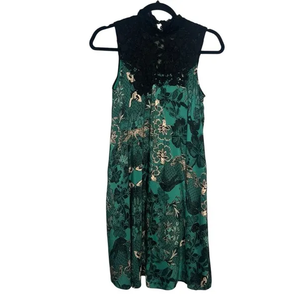 Anthropologie Maeve Lace Floral Swing Dress Green Black Sleeveless Cottagecore S - Image 5