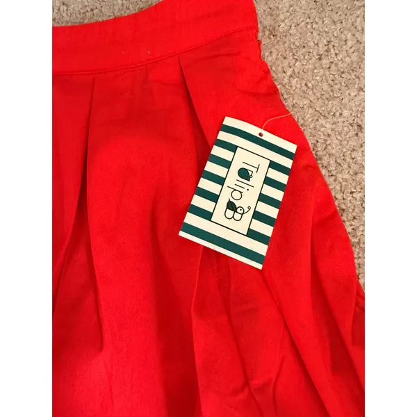 Coral Red Pleated Midi Skirt A Line Full Swing Retro Feminine Pockets L NWT - Image 7