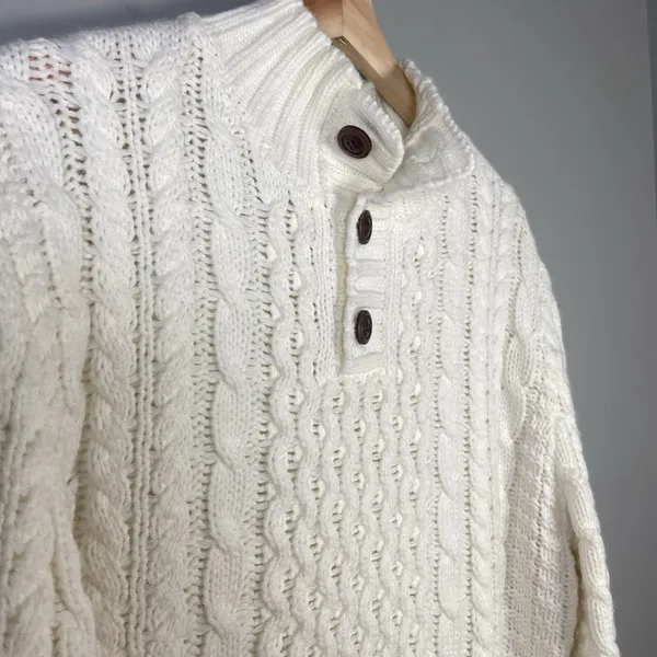 Cable-Knit Ivory‎ Mockneck Cotton Blend Fisherman Sweater Size M Neutral Minimal - Image 3