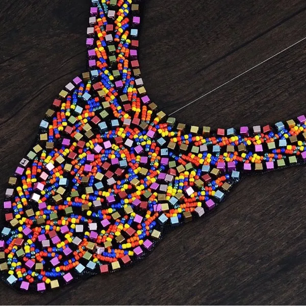 Colorful Metallic Beaded Tribal Ethnic Bib Scallop Edge Statement Necklace - Image 6