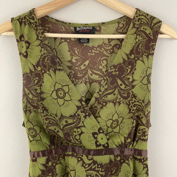 Hot Tempered Y2K Olive Green Brown Floral Paisley Mesh V Neck Asymmetrical Tank - Image 4
