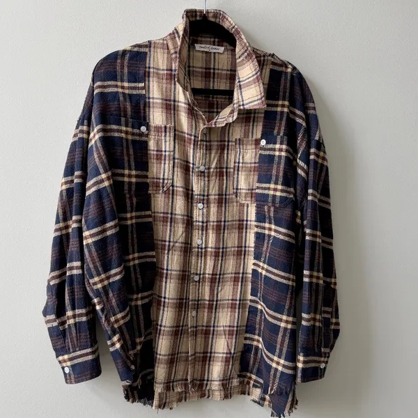 UNITED LOVERS Dove Oversized Plaid Shirt in Navy & Brown - Vintage Wash - M/L - Image 4